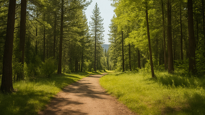 The road to the Greensprings A dirt road running through a forest in springtime